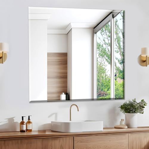 30x30 Frameless Mirror.Bathroom Vanity Mirror.Nano Glass Square Mirrors for Wall.Beveled Mirrors for Restroom.Espejo para ba?o