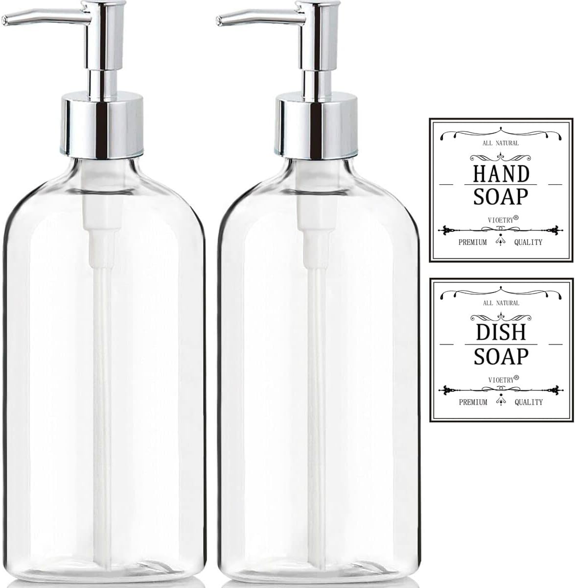 Clear Soap Dispenser with Rust Proof Pump. Waterproof Labels (2 Pack.16 Oz). Plastic Hand Soap Dish Soap Dispenser for Kitchen Bathroom