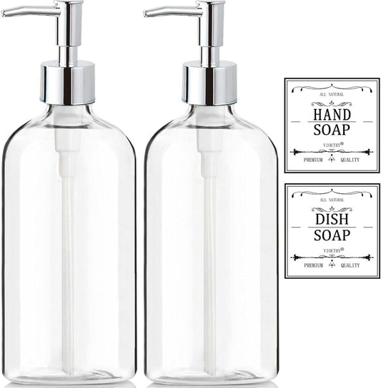 Clear Soap Dispenser with Rust Proof Pump. Waterproof Labels (2 Pack.16 Oz). Plastic Hand Soap Dish Soap Dispenser for Kitchen Bathroom