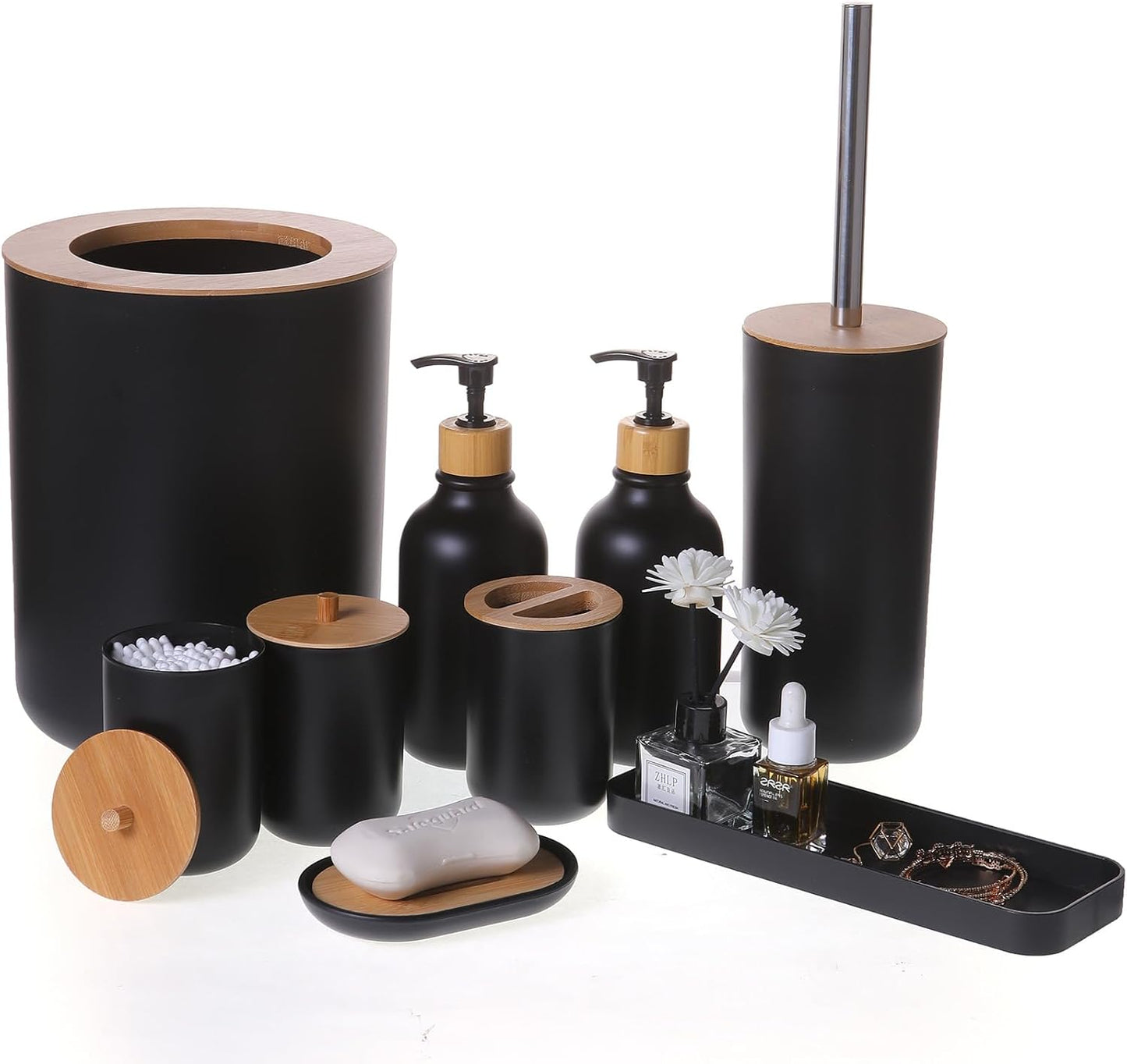 Matte Black Bathroom Accessories Set 9PCS.Bamboo Bathroom Accessories Sets Complete with Trash Can.Soap Dispenser and Toothbrush Holder Set.Toilet Brush.Qtip Holder.Vanity Tray.Soap Dish