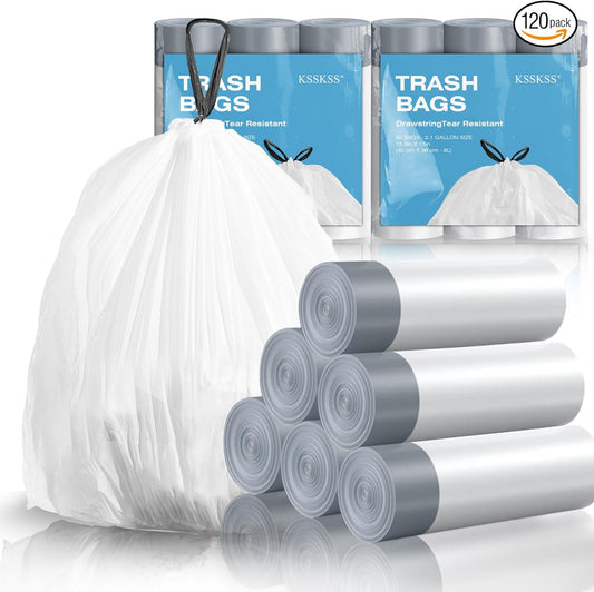 120 Counts 1.6 Gallon Mini Drawstring Trash Bags. Small Garbage Bags by KSSKSS. Code a fit 4.5-8 Liter. 1.2-2 Gal. White Trash Bin Liners for Home Office Kitchen Bathroom Bedroom
