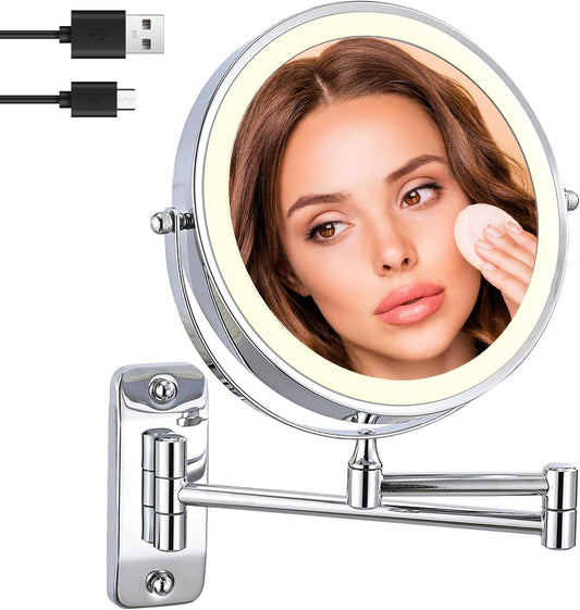 8 Wall Mounted Rechargeable Lighted Makeup Mirror. 1X/10X Magnifying. 360¡ã Rotation. 3 Color LED Lighting. Touch Screen Dimming. Extended Arm. Chrome Bathroom Mirror