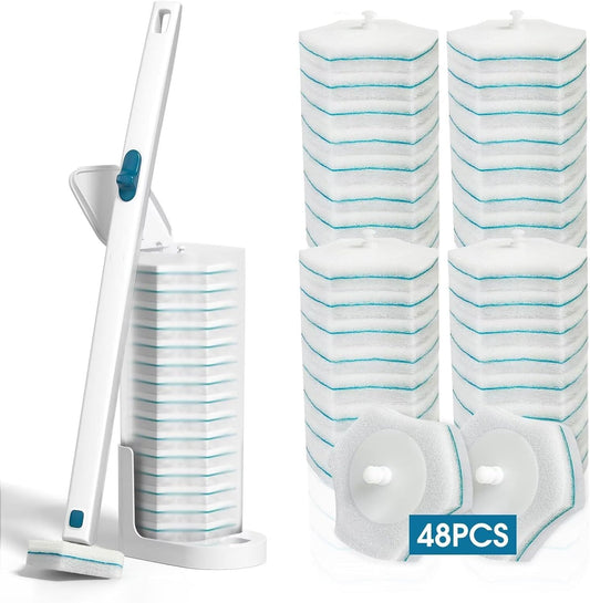 Disposable Toilet Brush with 48 PCS Refills. Disposables Toilets Cleaning System with Handle. Storage Caddy and 48Toilet Bowl Refill Heads for Bathroom Cleaning