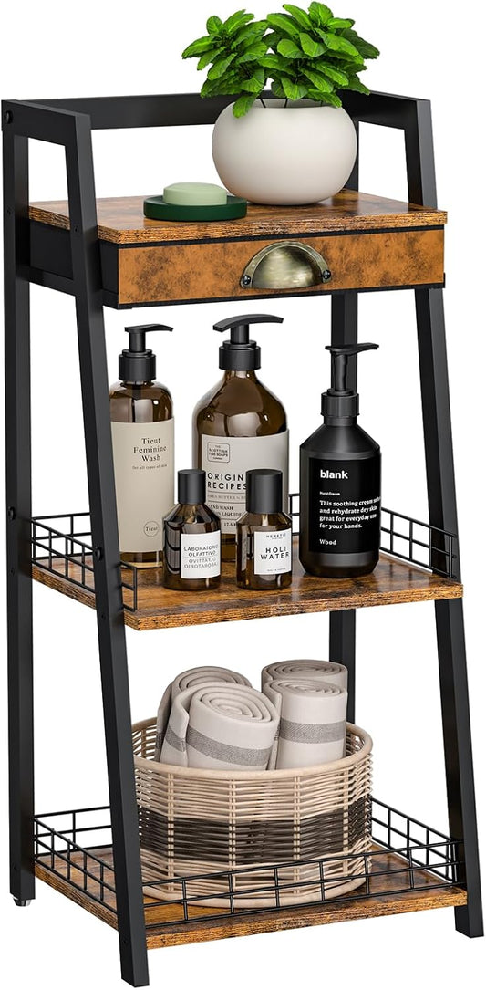 keomaisyto 3-Tier Bathroom Shelves with Drawer. Floor Bathroom Storage Shelf. Small Storage Stand Rack. Freestanding Ladder Bookshelf for Living Room Bedroom