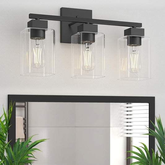Espird Matte Black Bathroom Vanity Light. 3-Light Vanity Lighting fixtures Over Mirror. Square Design & UL Certification. Wall Sconces with Clear Glass Shades. E26 Socket (Bulbs Not Included)