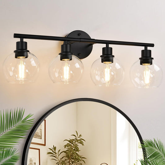 2025 Upgrade 4-Light Bathroom Light Fixtures. Black Bathroom Lights Over Mirror with Clear Glass Globe Shade. Vanity Lights for Bathroom Kitchen Living Room Hallway Cabinet Bedroom Porch