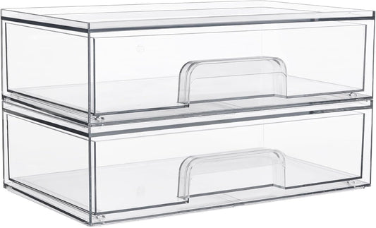 Vtopmart 12.1''W Clear Stackable Storage Drawers.2 Pack Acrylic Plastic Organizers Bins for Makeup Palettes. Cosmetics. and Beauty Supplies.Ideal for Vanity. Bathroom.Cabinet.Desk Organization