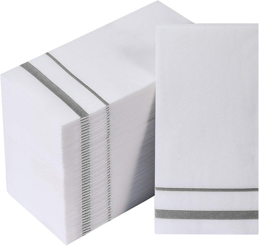 FOCUSLINE 200 Linen Feel Disposable Bathroom Napkins. Soft and Absorbent Paper Guest Towels. Cloth-Like Hand Towels Decorative Paper Napkins for Parties. Weddings. Dinners or Events. Silver. 12 x 17