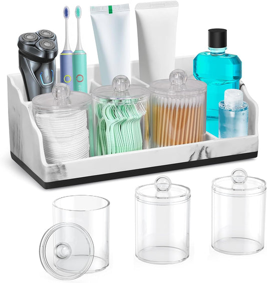 Marble Bathroom Countertop Organizer. Toothbrush Holders for Bathroom with 3PCS Qtip Holder Dispenser and Toothpaste Holder Drainage for Bathroom Accessories Organization Counter Vanity Storage