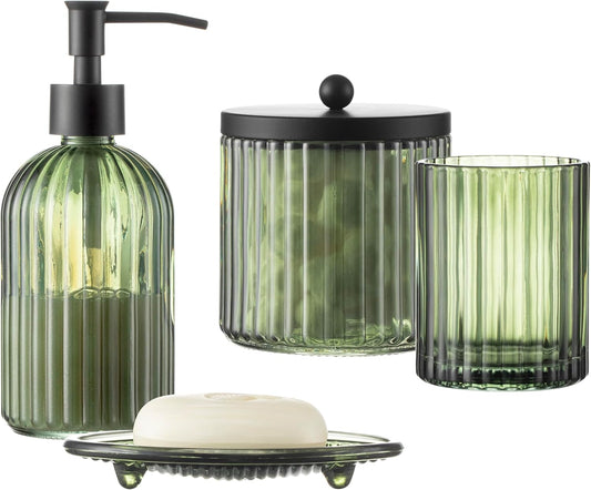4PCs Heavy Weight Decent Glass Bathroom Accessories Set with Decorative Pressed Pattern - Includes Hand Soap Dispenser & Tumbler & Soap Dish & Toothbrush Holder (Olive Green)