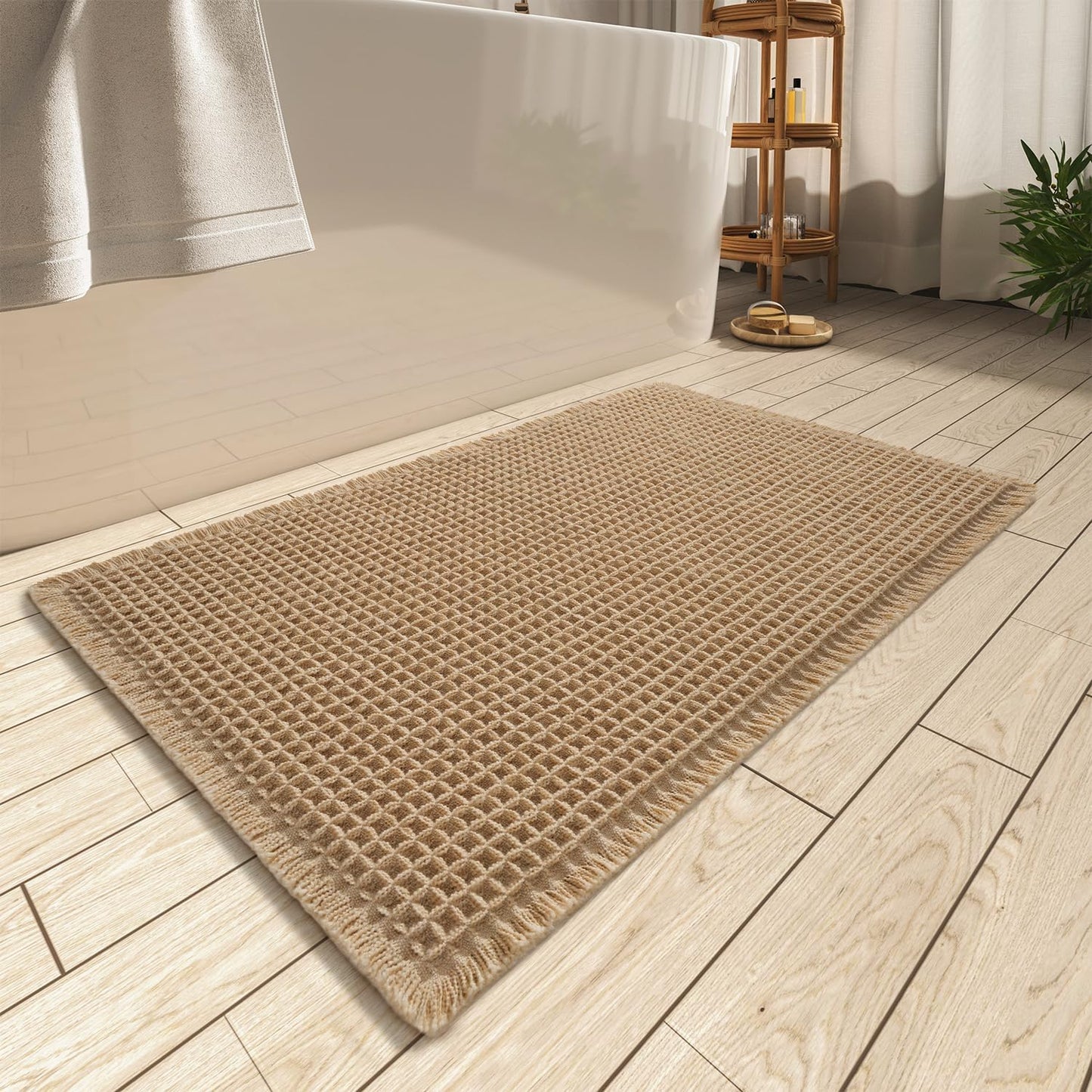 AMOAMI Upgraded Waffle Bath Mat. Super Absorbent Non Slip Bath Mats for Bathroom Floor. Machine Washable Bathroom Rugs with Tassels. Rubber Backed Bathroom Mats. Ultra Soft. 17 x 24. Brown