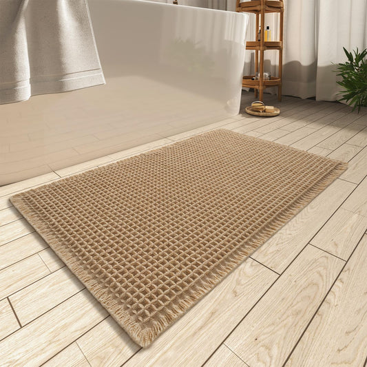 AMOAMI Upgraded Waffle Bath Mat. Super Absorbent Non Slip Bath Mats for Bathroom Floor. Machine Washable Bathroom Rugs with Tassels. Rubber Backed Bathroom Mats. Ultra Soft. 17 x 24. Brown
