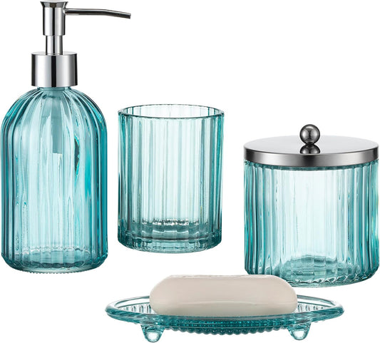 4PCs Heavy Weight Decent Glass Bathroom Accessories Set with Decorative Pressed Pattern - Includes Hand Soap Dispenser & Tumbler & Soap Dish & Toothbrush Holder (Olive Green)